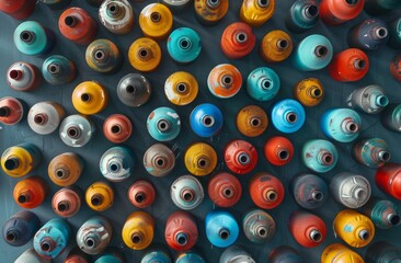 Used colorful aerosol cans lying on a stained wooden surface in an artist's graffiti workshop.