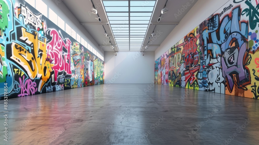 Poster interior background with colorful abstract graffiti on the front wall and an empty open space with c