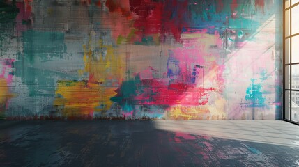 Colorful abstract graffiti on a white interior background