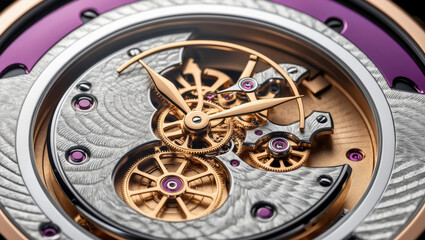 A close-up view of a complex watch mechanism with intricate gears and polished gold accents, showcasing the craftsmanship and precision of fine watchmaking