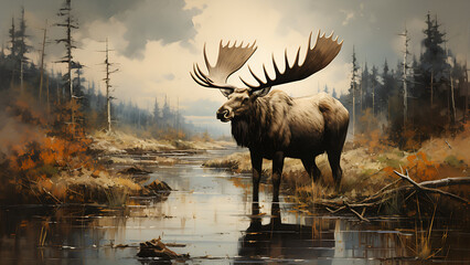 Moose In Marsh - Wilderness, Digital Art, Nature, Painting, Outdoors Background, Backcountry Wallpaper