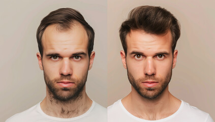 Fototapeta premium front view closeup of man's head before and after comparison result of hair loss procedure treatment transplant, bald falling thinning problem to re-growth thicker healthy hair, trichologist concept