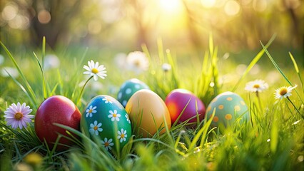 Close up of easter eggs in a grassy field, Easter, eggs, colorful, spring, holiday, decorations, festive, celebration, tradition