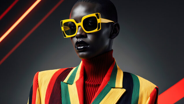 A model with dark skin poses confidently with bright yellow sunglasses, wearing a striped blazer and a red turtleneck against a backdrop of diagonal red lines