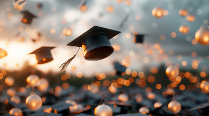 A celebratory scene of graduation caps tossed into the air at sunset, symbolizing achievement and new beginnings.