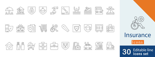 Essential Insurance outline Icon set. premium, risk, accident, health, car, home, life, property and more icon