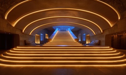 a magnificent stage illuminated by several stripes of neon yellow lights