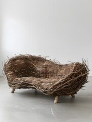 A closeup of a natural bird nest with brown eggs isolated on white straw