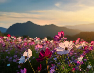 Fototapeta premium Beautiful Cosmos Flower Field- A field of blooming cosmos flowers in vibrant colors. _1(42)