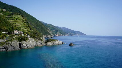 view of the sea and mountains, Monterosso al mare, cinque terre, italy