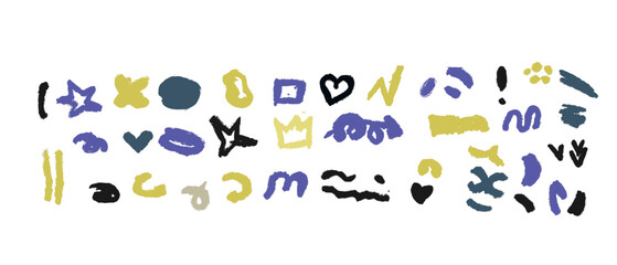 Collection of hand drawn colorful charcoal doodle shapes and squiggles, scribbles. Pencil drawings isolated on white. Crown, stars, heart and arrows doodle collage elements.