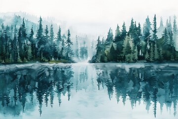 Watercolor painting of tranquil forest and lake, reflecting calm water and peaceful nature scenery with pine trees and misty background.