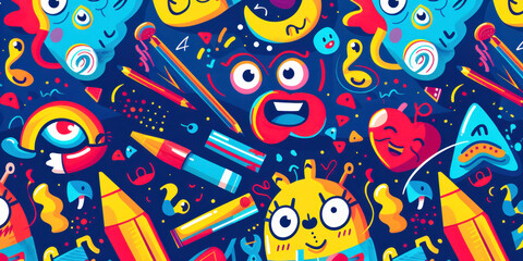 Obraz premium A lively back-to-school themed illustration featuring colorful stationery items such as pencils, books, and erasers, along with playful cartoon characters