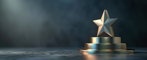  a gold star trophy in a room with a light beam from the side