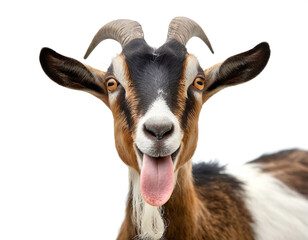 Ziege mit rausgesteckter Zunge isoliert auf wei&szlig;en Hintergrund, Freisteller