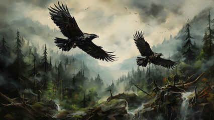 Ravens - Wilderness, Digital Art, Nature, Painting, Outdoors Background, Backcountry Wallpaper