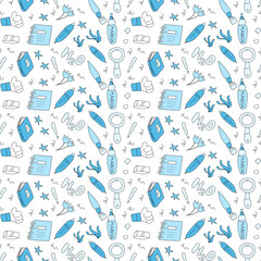 Childrens school doodle elements background. Education stationery supplies, building, globe, books and other student accessory seamless pattern.