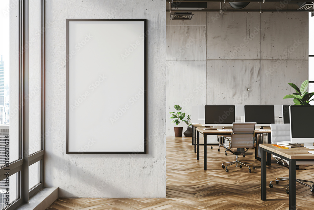 Poster white vertical canvas mockup in an open space office with desks and computers,