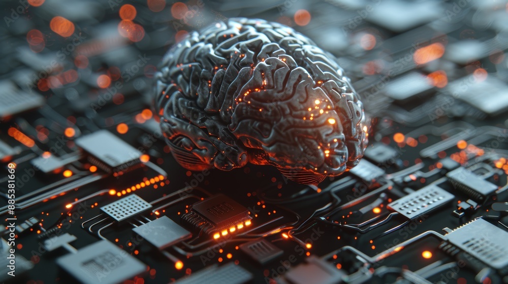 Poster brain and ai on circuit board in futuristic engineering, cybersecurity, or programming. ai-generated