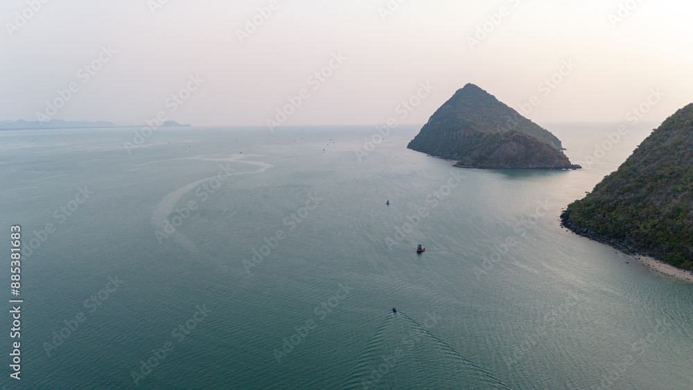 Wall mural landscape with mountain ranges and sea in morning, thailand.