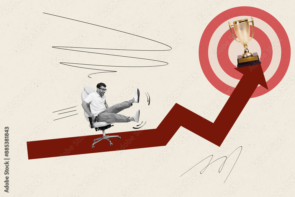 Poster creative collage of funny best sales manager guy getting his goal at job target dartboard isolated o