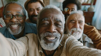 Selfie, peace sign, and black man having fun with friends at home. V emoji, retirement face, and cheerful senior men laughing and shooting social media photos.