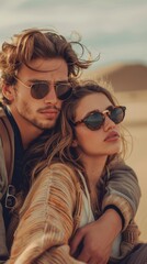 Obraz premium Love, outdoors, and couple hugging on a mountain trek holiday or weekend. A joyful, young man embraces his partner from behind while hiking on vacation.