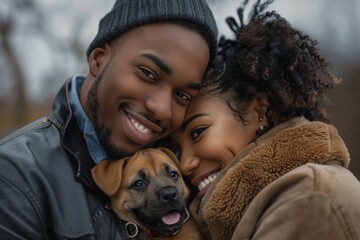 Loving photo of black couple with dog at shelter for adoption at kennel. Helping a loving interracial couple bond with a foster dog or pet and spending time together