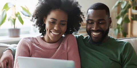 Couple, relax, or smile on sofa with laptop to watch movies, subscription shows, or web downloads. A happy man, mixed woman, and computer for shopping, social media, and streaming.