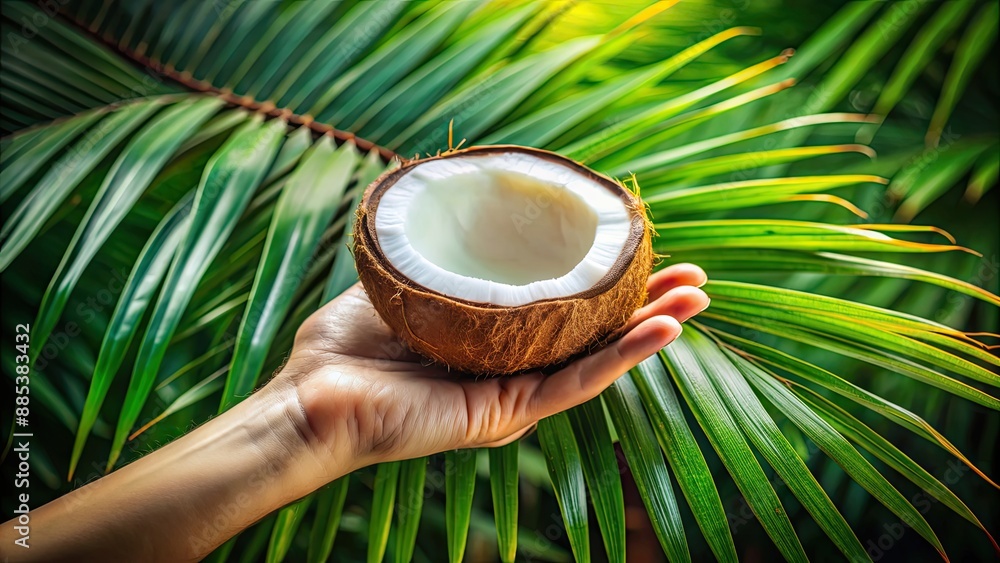 Canvas Prints Coconut resting on a human palm , tropical, organic, healthy, refreshing, natural, exotic, fresh, summer, green, lush, palm tree