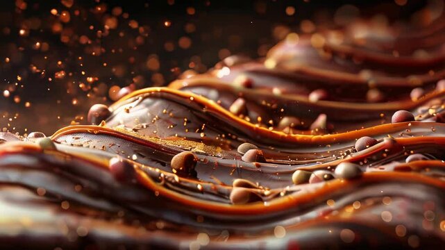 Chocolate background. Liquid chocolate interspersed with chocolate chips