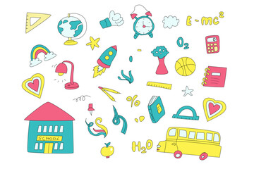 Fototapeta premium Childrens school doodle elements set. Education stationery supplies, school building, globe, books and other student accessory icons.