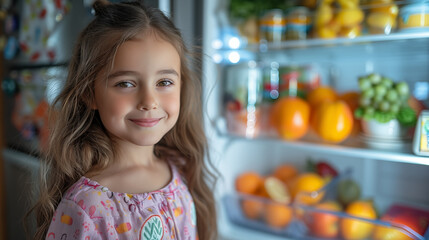 Smiling girl in pajamas with long hair posed by an open fridge full of fresh fruits. Concept of childhood, healthy eating, and home life.