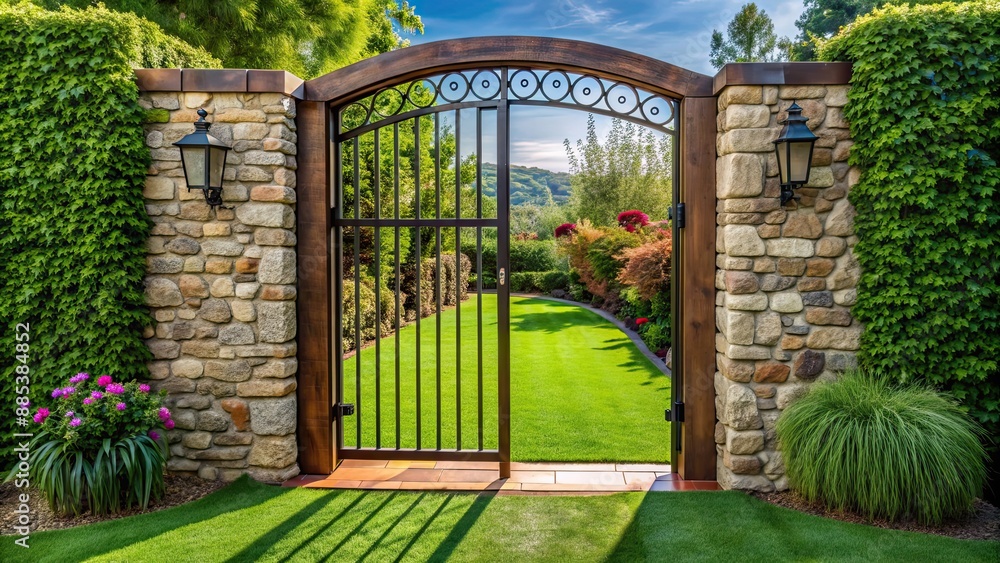 Poster Charming rod gate opens to a lush backyard with artificial turf and stone elements, garden, landscape, backyard, gate, charming