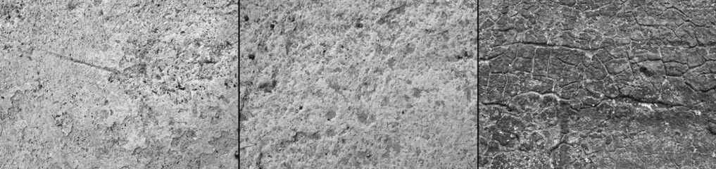 Three types grey concrete wall with scratches background.