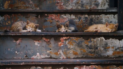 Three Kittens Sleeping on a Rusty Staircase