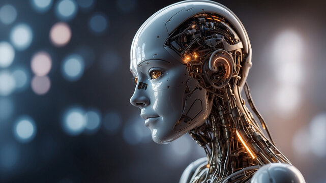 The girl's head is a robot. Technologies of the future and present.