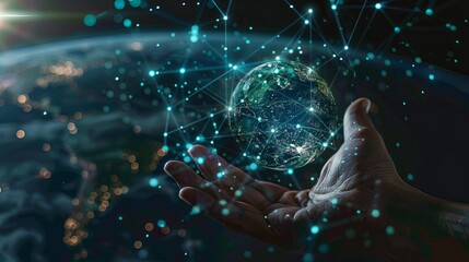 Hand holding Global network connection to big data around the world.a nd tecnology internet metaverse concept 