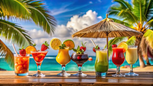 Colorful cocktails on a tropical beach bar with umbrellas and fruit garnishes, beach, cocktails, tropical, drinks