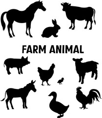 Set of farm animals silhouette colour black with white background, Symbol of creatures of cattle