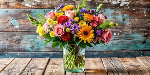 Colorful bouquet of assorted flowers in a clear glass vase on a wooden table, bouquet, flowers, vase, colorful, assorted