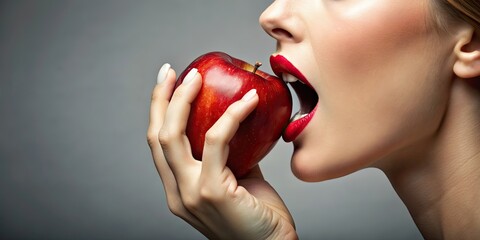 Woman made of clay modeling material biting into an apple , clay, modeling, material, woman, apple, fruit, bite, healthy, snack