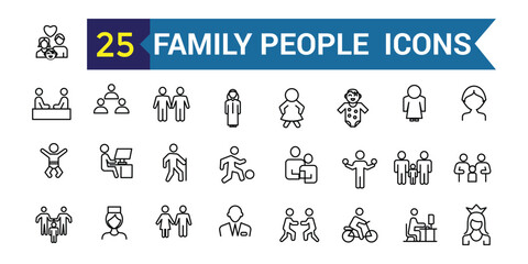 Family People line icon set. Outline icon collection. Editable vector stroke.
