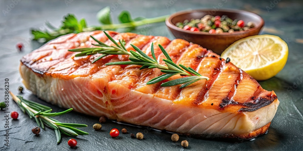 Sticker Grilled salmon steak with perfectly seared skin and juicy pink flesh, salmon, seafood, grilling, cooking, barbecue, delicious