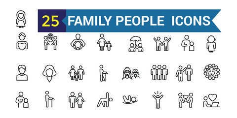 Family People line icon set. Outline icon collection. Editable vector stroke.