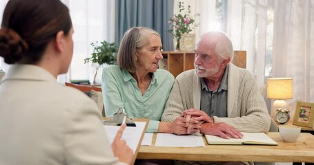 Senior couple, sales agent and home with paperwork for insurance with life or funeral cover and security. People, relationship and document or contract with discussion or decision and legal form