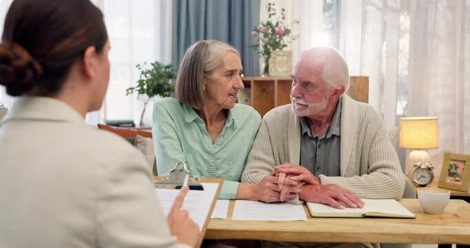 Senior couple, sales agent and home with paperwork for insurance with life or funeral cover and security. People, relationship and document or contract with discussion or decision and legal form