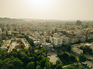Obraz premium Sunset over Tirana Albania, aerial city panoramic view