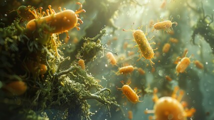 Artistic representation of bacterial biofilm formation on a surface, showing the complexity of microbial communities