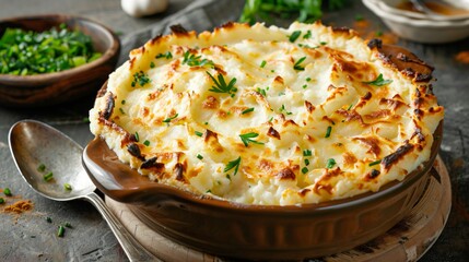 A creamy fish pie topped with mashed potatoes and baked until golden brown